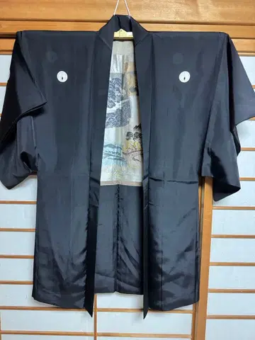 블랙 문장 기모노 겉옷 실크 안감 풍경화