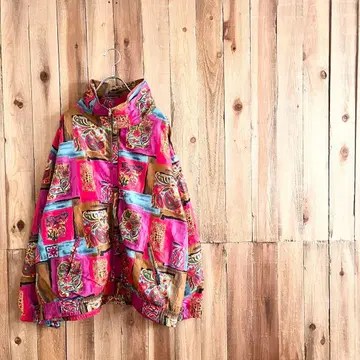 새틴 스카프 패턴 블루종 풀 집업 화려한 점퍼 빈티지