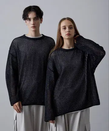 [ 완판템 ] CLEL 시스루 메쉬 루즈 니트 블랙(멜란지) L