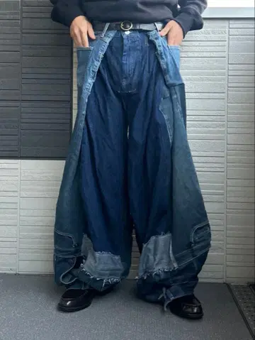 리메이크 데님 도킹 패치워크 가공 턱 와이드 벌룬 배기 데님 팬츠