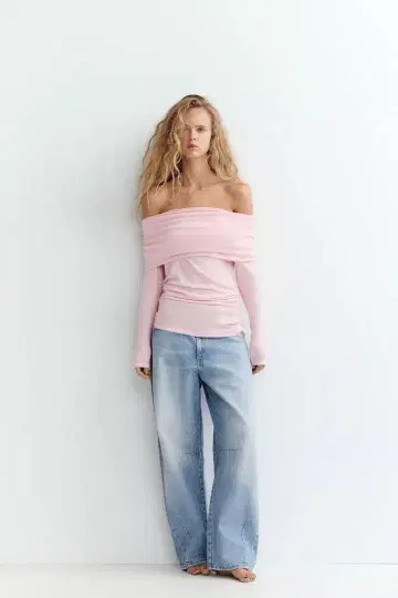 ZARA 소프트 드레이프 스트랩 레스 상의 S 핑크 오프숄더