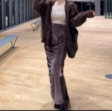 SENEE 벨로아 개더 롱 스커트 브라운 M 사이즈