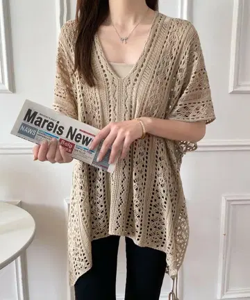 메쉬 니트 브라운 시스루 편직