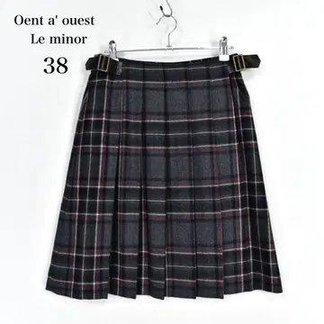 루미노아 플리츠 랩 스커트 그레이 체크 무늬 울 100%