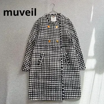 muveil 하운드투스 체크 패턴 트위드 노카라 코트 프린지 골드 버튼