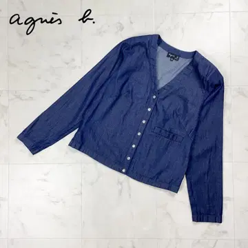 새상품급 agnes b. 데님 가디건 노카라 자켓 네이비 사이즈 36