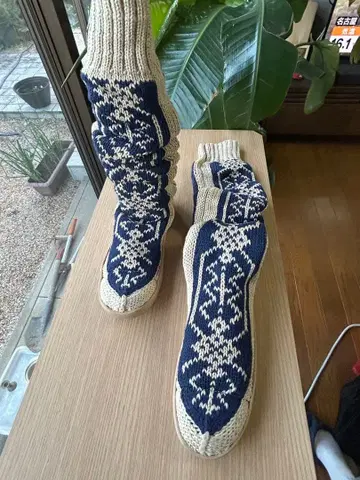 네이비 아이보리 뜨개질 롱 부츠