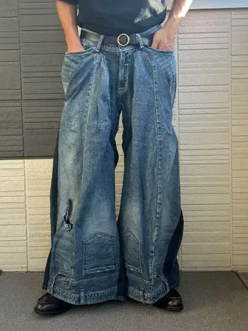 초와이드 슈퍼 와이드 리메이크 데님 팬츠 배기 팬츠 구제 의류