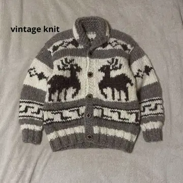 빈티지 카우 니트 스웨터 핸드 니트 두꺼운 캐나다 가디건 90s