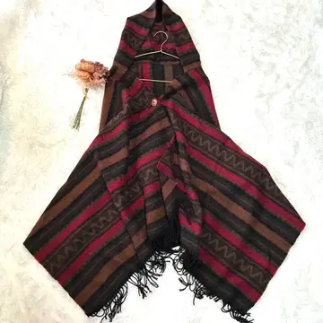 [ BEAMS ] 빔즈 네이티브 무늬 디자인 판초 케이프 코트 후드