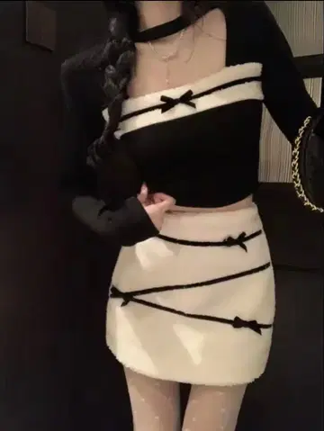 miu 계 코디 긴팔 셋업 미니 스커트 한국 왕홍 리본 블랙