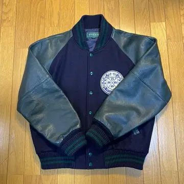 바시티 자켓 가죽 네이비 x 그레이 앤티크