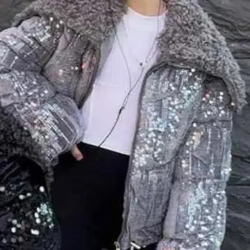 스팽글 자켓 다운 라메 반짝반짝 그레이 복슬복슬 퍼