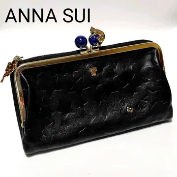 안나수이 장지갑 플레이잉 캣 블랙 가죽 가마구치 나비 엠보