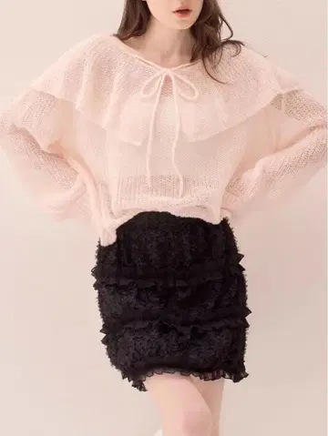 뮤게 레이스&프릴 미니 스커트 블랙