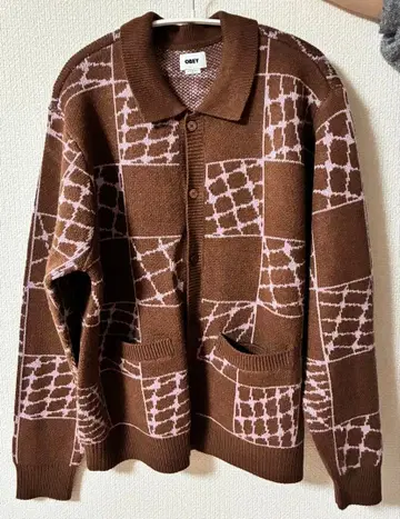 OBEY 카라 부착 니트 가디건 블록 체크 XL 사이즈