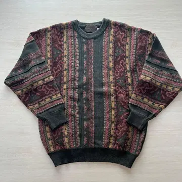 스트라이프 패턴 니트 스웨터 구제 의류 카키 L