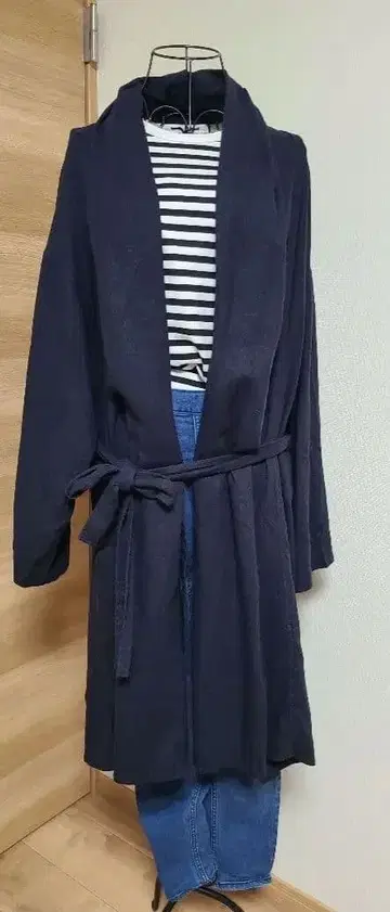 나노 유니버스 네이비 가운풍 롱 코트 린넨 혼방