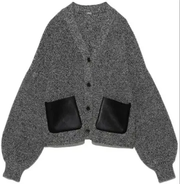 Mila owen 소매 턱 볼륨 가죽 포켓 가디건