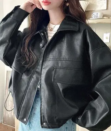 moment+ 2WAY 칼라 숏 기장 인조 가죽 블루종 M [ 블랙 ]