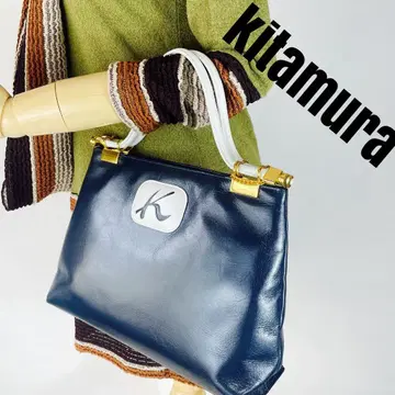 키타무라 핸드백 파우치 포함 가죽 네이비 브랜드 로고