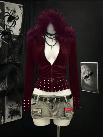 헤이세이 갸루 그런지 시크 스타일 스터드 퍼 지퍼 후드티