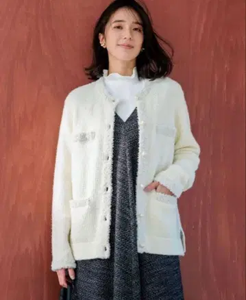 쿠미쿄쿠 트위드 니트 자켓 펄 버튼 워셔블 포멀 M 화이트