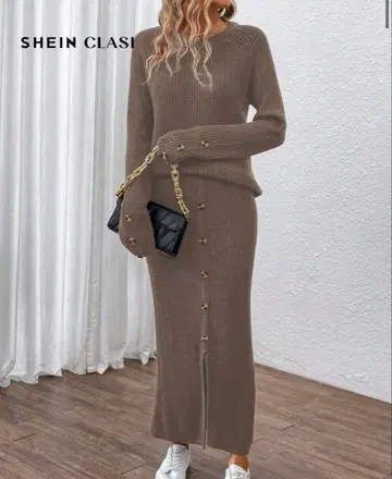 SHEIN 래글런 슬리브 스웨터 & 버튼 프론트 니트 새상품 베이지