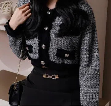 LIPSERVICE 트위드 라이크 프린지 니트 가디건