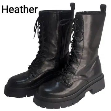 새상품급 Heather 블랙 24.5cm 통굽 미들 레이스업 부츠