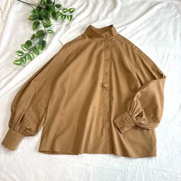 [세포] 하이넥 블라우스 벌룬 슬리브 브라운 M 개성적