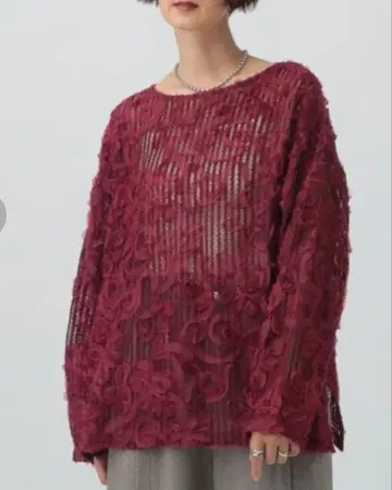 렙심 시어 상의 뉴앙스 패턴 레이시 긴팔 풀오버