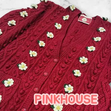 PINK HOUSE 핑크하우스 긴팔 가디건 케이블 니트 꽃 모티브