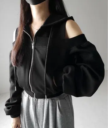 me+em select 오픈 숄더 컷 아웃 집업 후드티