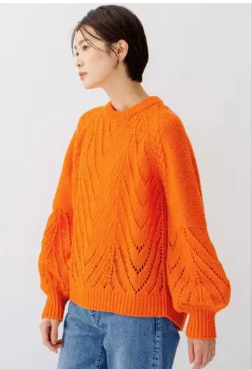 미사용품 여성용 니트 울 혼방 오렌지 시스루 편직