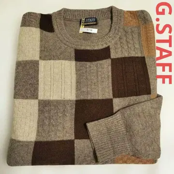 일본제 캐시미어 100% 스웨터 니트 베이지 체크 무늬 G.STAFF