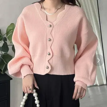 프로즈 베일 V넥 스캘럽 니트 가디건 핑크