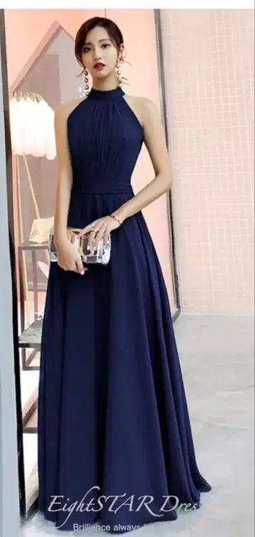 네이비 홀터넥 롱 드레스