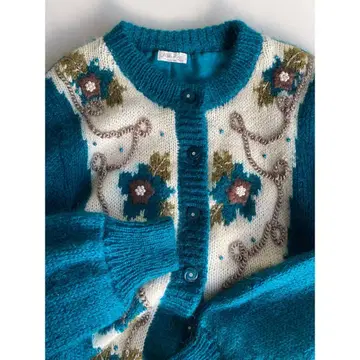 Used 로프와 펄 꽃 자수 틸 그린 니트 자켓