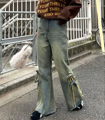 CIAOPANIC 밑단 리본 하이웨스트 플레어 데님 베이지