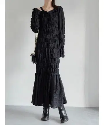amel/아이렛 레이스 개더 드레스/블랙