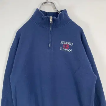 칼리지 자수 하프 지퍼 맨투맨 트레이닝복 구제 의류 네이비 M