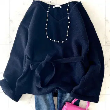 새상품급 플라주 울 캐시미어 니트 풀오버 허리 리본 네이비