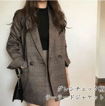 글렌체크 패턴 테일러드 자켓 브라운 M
