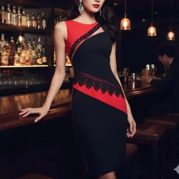 블랙 레드 레이스 오프숄더 타이트 스커트 드레스 9호