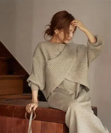 titivate/디자인 니트 레이어드 원피스/베이지