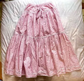 핑크하우스 작은 꽃 깅엄 체크 핑크 프릴 롱 스커트