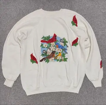 Hanes 새와 꽃 자수 맨투맨 화이트 80s