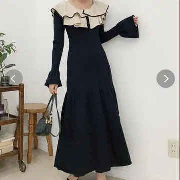 다즐링 레이어드 파이핑 니트 원피스 블랙 긴팔 니트 롱 원피스