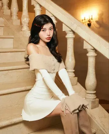 다리치 오프숄더 니트 원피스 화이트